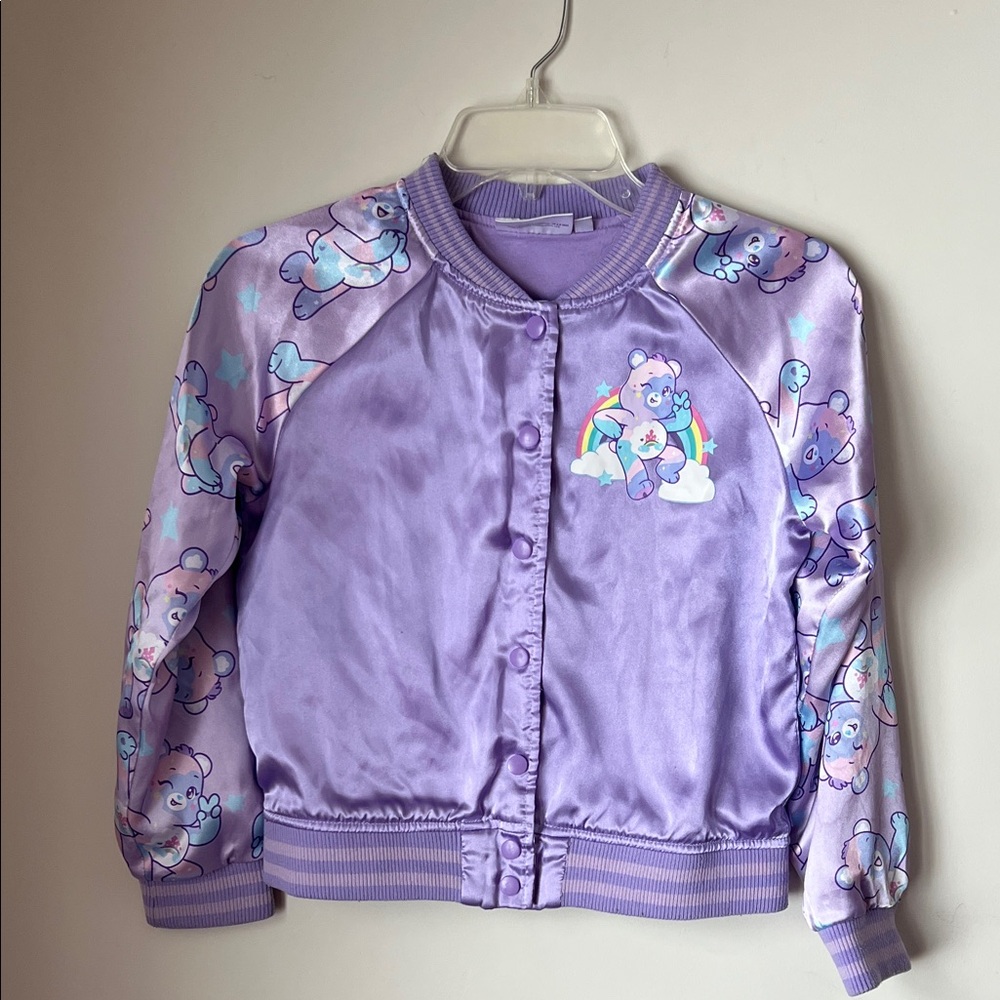 Care Bears Satin Bomber Jacket Purple Girls 10/12 Y2K Rainbow Coat